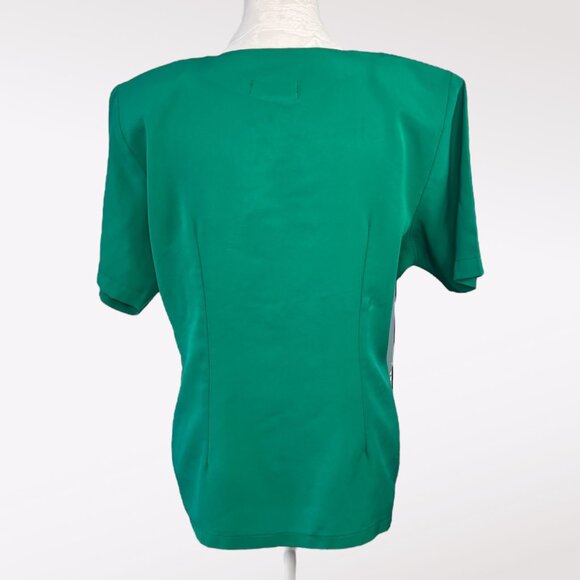Vintage 80s Green Button Up Blouse Black Buttons Retro Short Sleeve Medium - Picture 5 of 9
